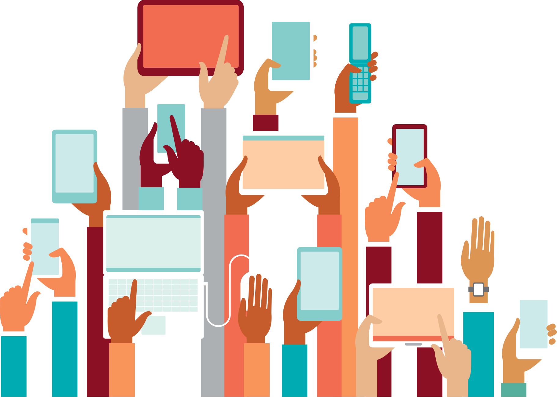 Illustration of several hands holding up various devices including laptop, tablets, and phones
